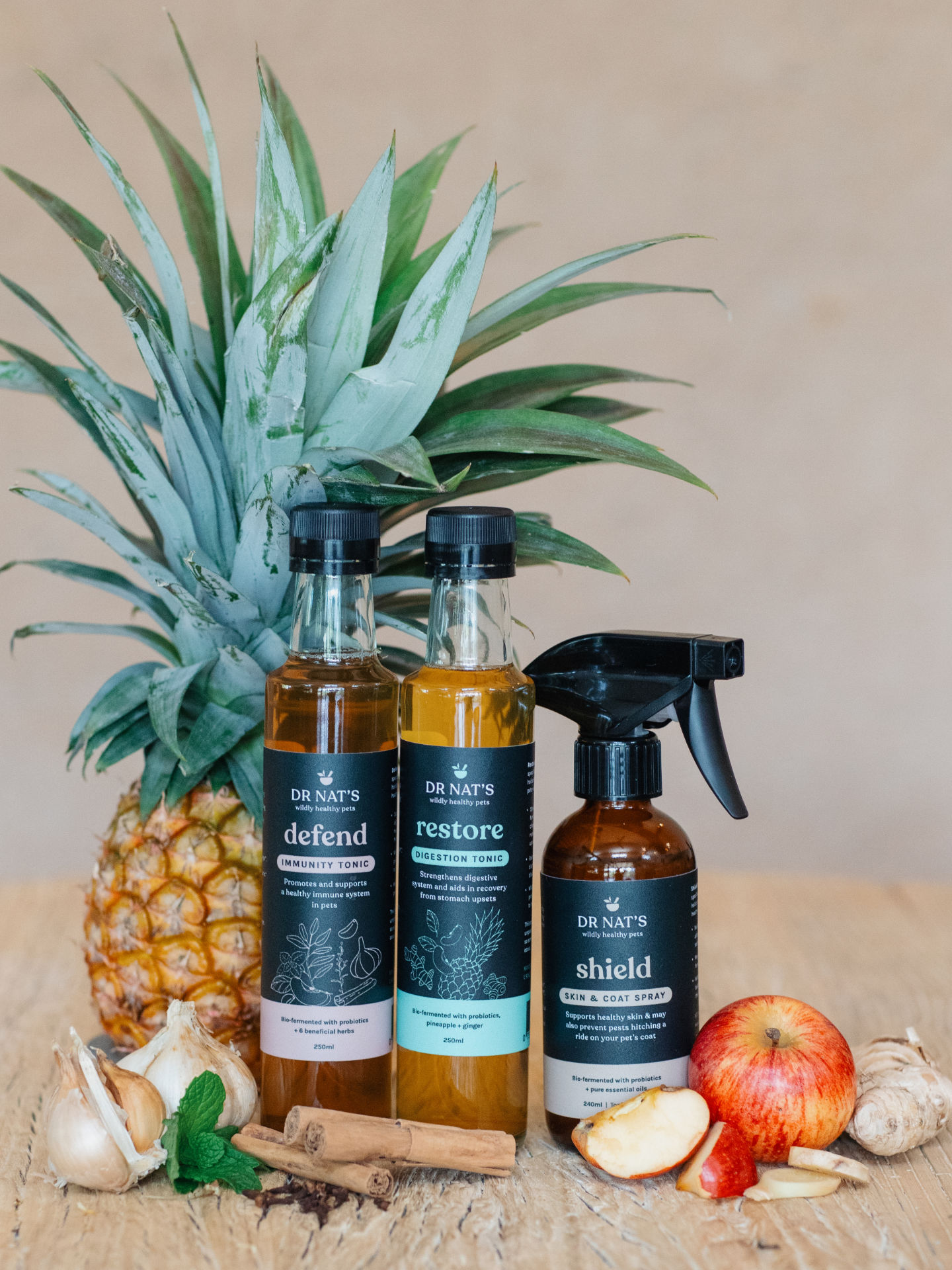 Dr Nat s natural pet health pack includes: 1 x Defend Immunity Tonic, 1 x Restore Digestion Tonic, 1 x Shield Skin & Coat Spray