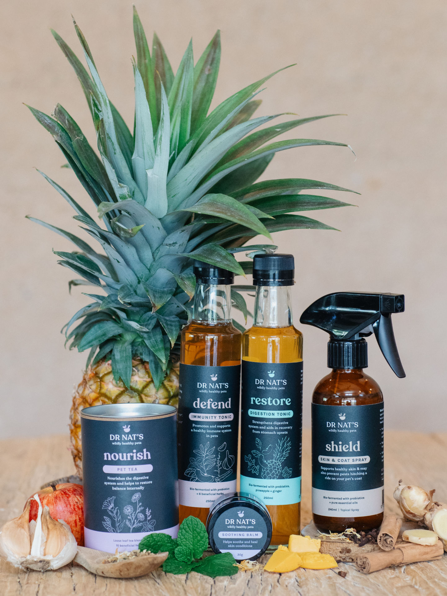 Dr Nat s natural pet health pack includes: 1 x Defend Immunity Tonic, 1 x Restore Digestion Tonic, 1 x Shield Skin & Coat Spray, 1x Nourish Pet Tea, 1 x Soothing Balm