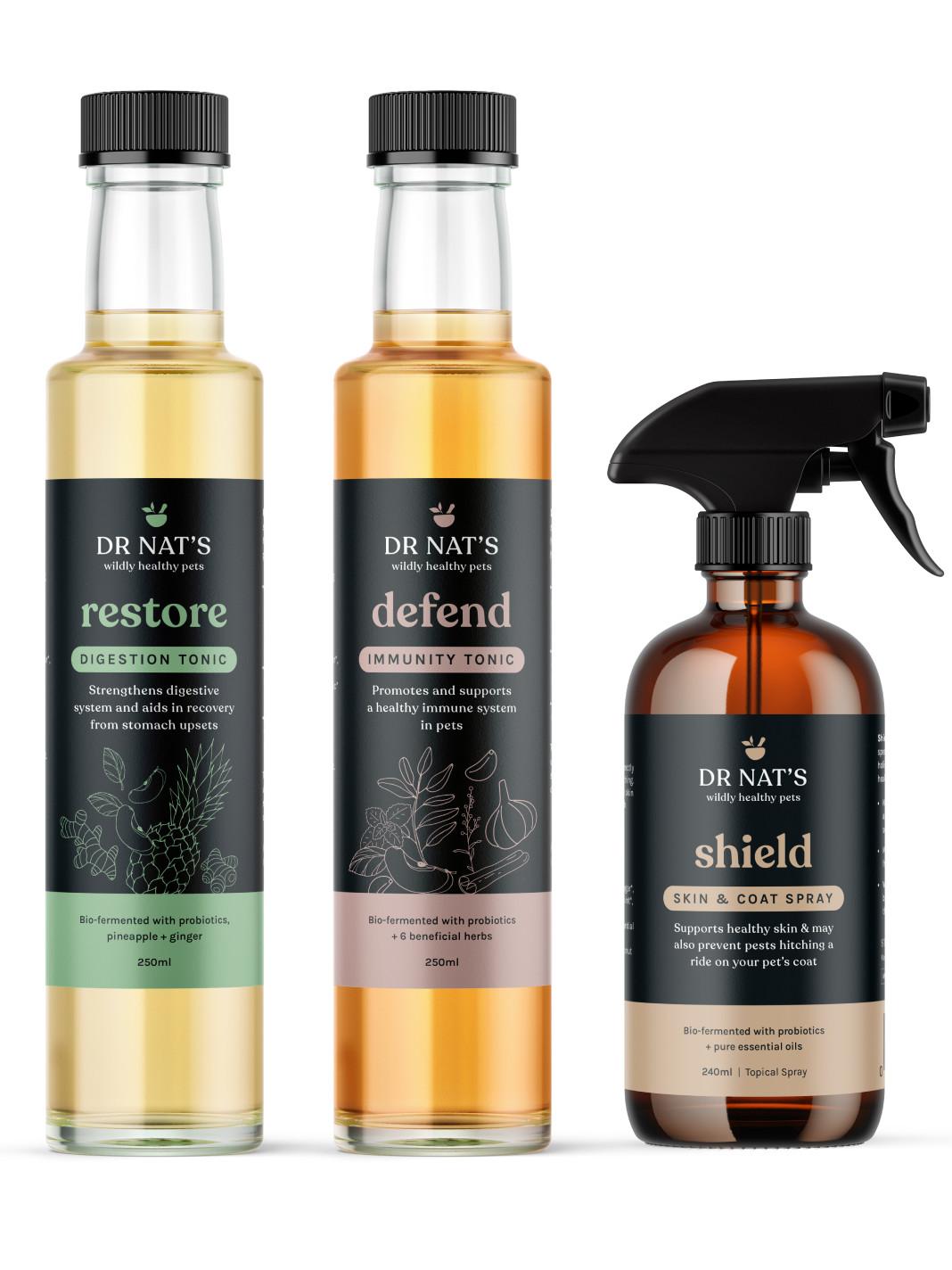 Dr Nat s natural pet health pack includes: 1 x Defend Immunity Tonic, 1 x Restore Digestion Tonic, 1 x Shield Skin & Coat Spray