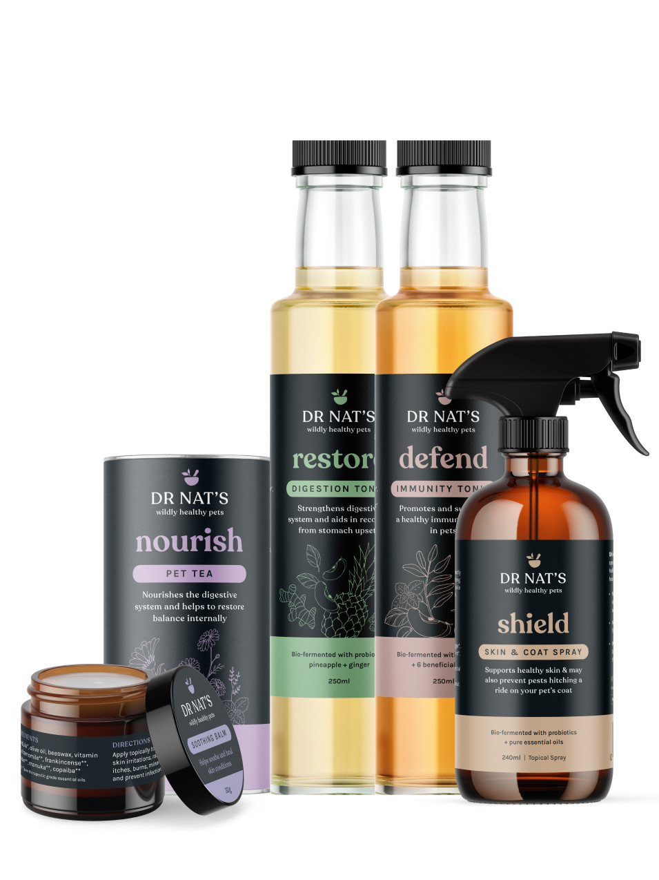 Dr Nat s natural pet health pack includes: 1 x Defend Immunity Tonic, 1 x Restore Digestion Tonic, 1 x Shield Skin & Coat Spray, 1x Nourish Pet Tea, 1 x Soothing Balm